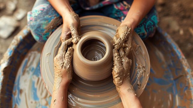 Process of making clay pot on pottery wheel, potter hands two people creating ceramic handcrafts, ceramist molding jar or vase cup mug. Pottery lesson master class for adult creative hobby concept