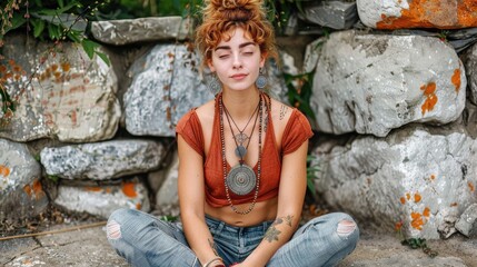 A woman with red hair and a necklace sits on the ground