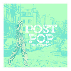 Post Pop Illustration. Elegance Meets Urban Charm in a Vibrant Stroll Through Parisian Streets.