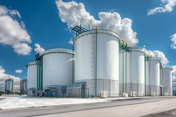 Large white storage tanks at chemical plant under vivid blue sky