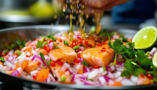 Ceviche de salm&oacute;n con cebolla roja, cilantro y chiles, sazonado con lim&oacute;n y especias.