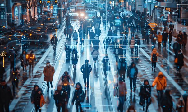 Elevated Security Camera Surveillance Footage of a Crowd of People Walking on Busy Urban City Streets. CCTV AI Facial Recognition Big Data Analysis Interface Scanning, Showing Personal, Generative AI 