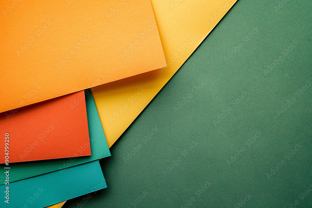 Poster photo of a flat lay background with orange, green and yellow paper for an abstract design. web banne