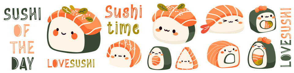 PrintCute vector set of sushi and rolls. Japanese food with positive faces. Funny inscriptions about food and sushi. Printable prints . Vector illustration