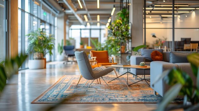 Modern Biophilic Office Design: A spacious and inviting coworking space filled with natural light and lush greenery, featuring comfortable seating areas for collaboration and relaxation. 