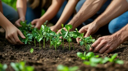 Diverse group of people planting seedlings together