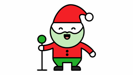 Vector Line Art of Christmas Cute Santa Claus Singing with Mic, Wearing Hat and Scarf on White Background