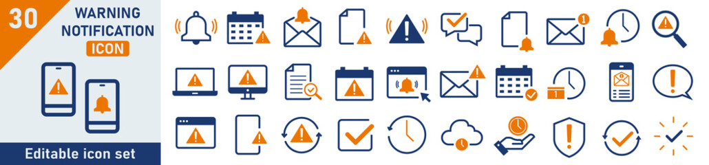 Warning notification icon set. Set of 30 outline icons related to warning, alarm, nothification, time. Linear icon collection. Warning notification outline icons collection. Editable stroke.