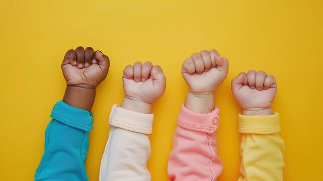 Little children's multiracial hands raised up in fists on a studio yellow background. Children fight and defend their rights and desires. Toddlers baby vote and make a choice concept