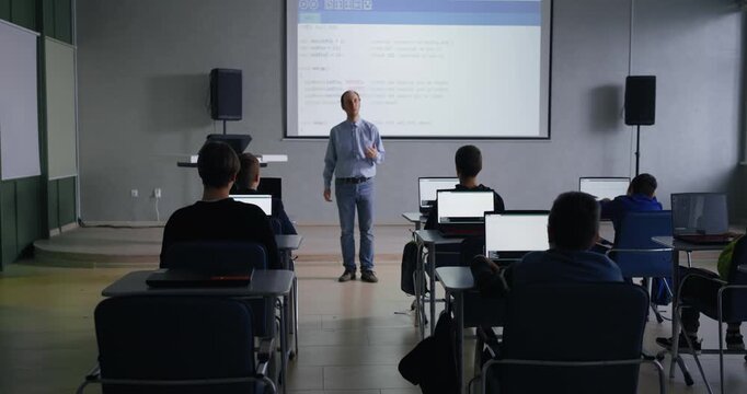 Programming Classes, Middle-Aged Professor Of Computer Science Teaching Young School Students