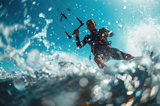 Kitesurfer riding a wave on a sunny day. Concept of extreme sports, adventure, and freedom.