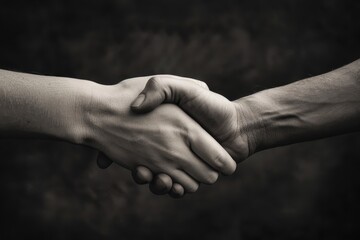 A black and white photo capturing two people engaging in a handshake gesture, symbolizing agreement, partnership, and trust, Expressing the deep connection and commitment of a partnership
