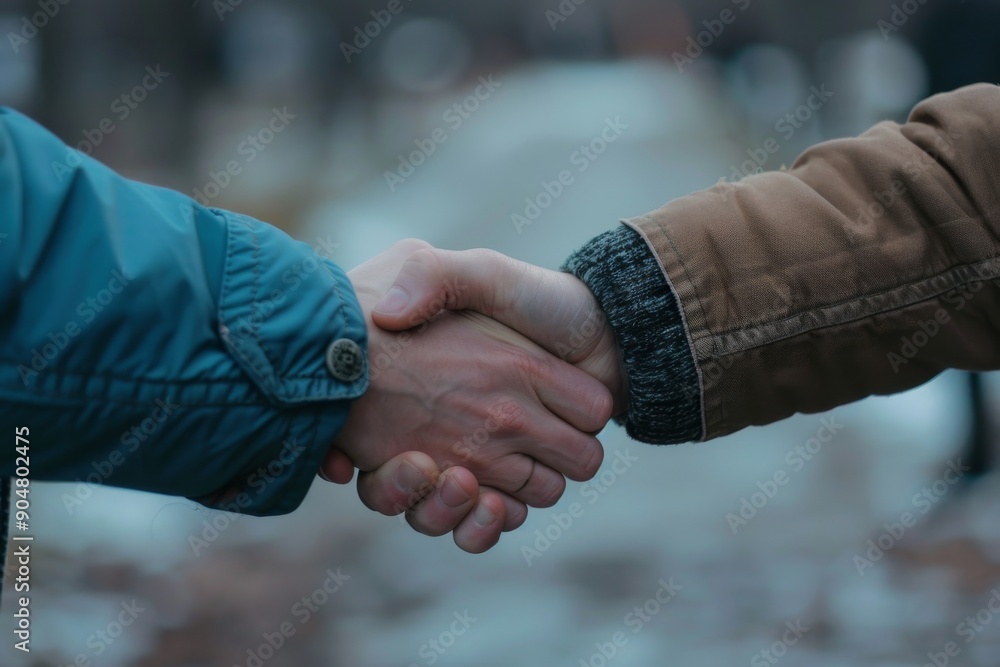 Poster two individuals making a handshake gesture while standing in a snowy environment, expressing the dee