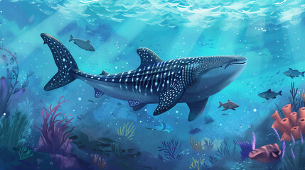 Naklejka premium Design an awe-inspiring copy space background for International Whale Shark Day, featuring majestic whale shark illustrations, oceanic landscapes, and conservation