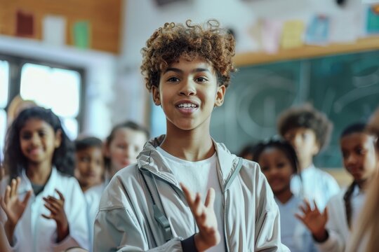 A young boy stands confidently in front of a classroom, ready to present or lead an activity, Extracurricular activities and leadership roles