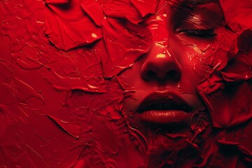 A womans face is completely covered in vibrant red paint, creating a striking and dramatic visual, Eye-catching red background with a sense of drama