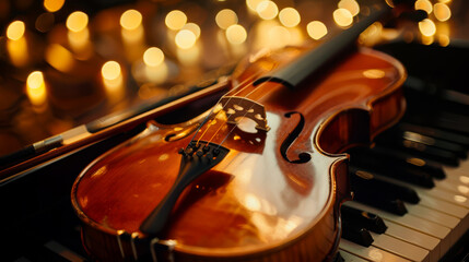 An elegant violin rests on a piano surrounded by soft candlelight, creating a warm and inviting...