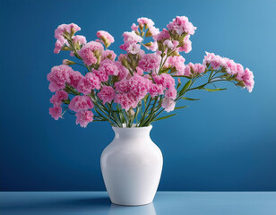 Fototapeta premium pink limonium sinuatum flowers in a simple white vase against blue background with copy space
