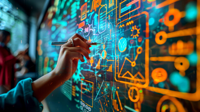 Innovative hand drawing on a digital board filled with colorful graphs and data visualizations representing modern technology.