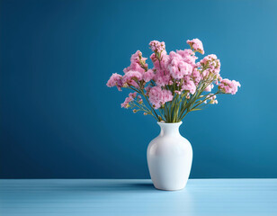 pink limonium sinuatum flowers in a simple white vase against blue background with copy space