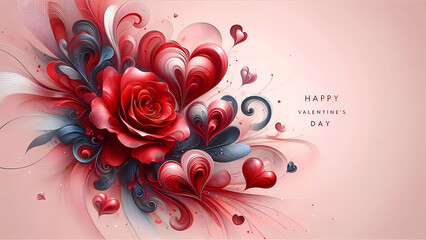St. Valentine's Day.   Red and black roses on a pink background. Inscription Happy Valentine's Day. Generated AI
