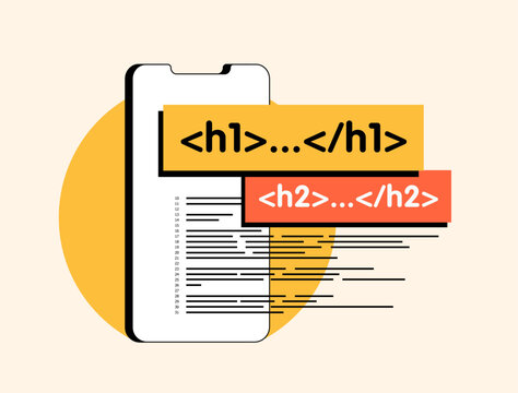 H1 and H2 seo tags - HTML header elements used to define main title of webpage. Seo header tags hierarchy with correct content organization. Modern illustration isolated on white background