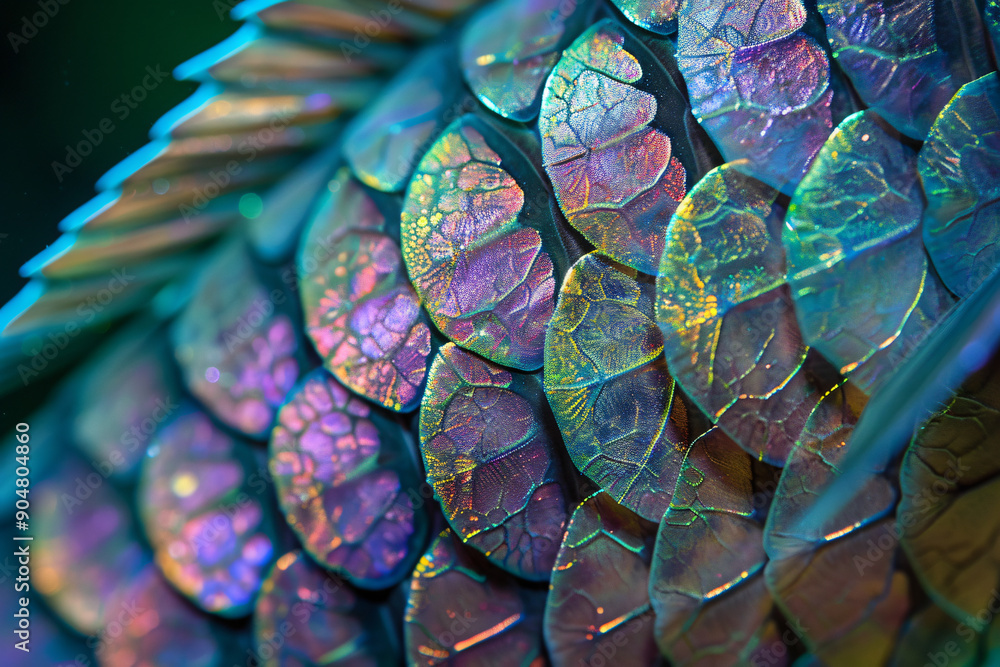 Poster close-up of the texture and pattern on an iridescent parrotfish's scales, showing its unique scale s