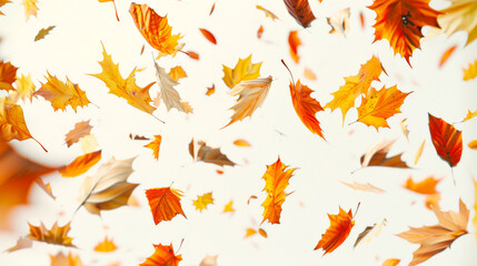 The feeling of autumn. Beautiful autumn backdrop. A lot of maple orange leaves are swirling in the air. The leaves are scattered in different directions, creating a sense of movement