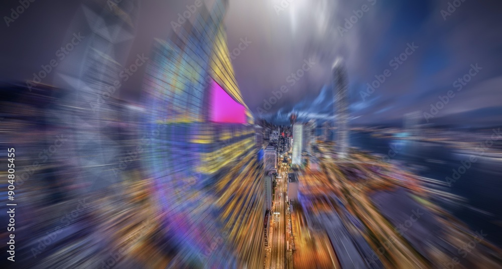 Poster abstract view of a hong kong cityscape at dusk, with blurred buildings and street lights creating a 