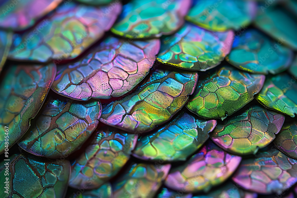 Poster close-up of the texture and pattern on an iridescent parrotfish's scales, showing its unique scale s