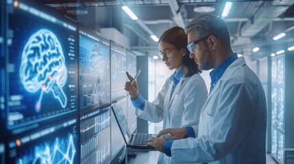 Portrait of Two Creative Young Female and Male Engineers Using Laptop Computer to Analyze and Discuss How to Proceed with the Artificial Intelligence Software. Standing in High Tech, Generative AI