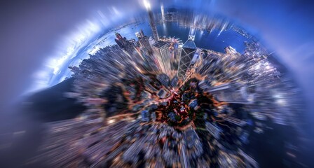 A panoramic view of Hong Kong, China, with skyscrapers and a body of water, viewed from a high angle. The image has been manipulated with radial blur for a unique effect.