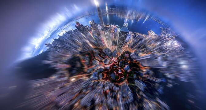 A panoramic view of Hong Kong, China, with skyscrapers and a body of water, viewed from a high angle. The image has been manipulated with radial blur for a unique effect.