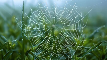 A spider web is shown in a field of grass