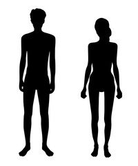 Skinny man and woman silhouette, male and female with slim waist, weight loss, anorexia 