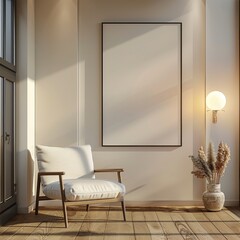 A cozy living room with a large blank canvas, a comfy armchair, and natural light streaming through a window. Perfect for showcasing artwork or designs.