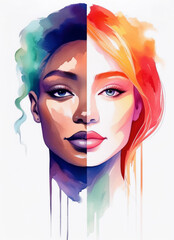Fototapeta premium The faces of two diverse women. Vibrant and artistic depiction beauty feminine and diversity. Watercolor illustration featuring.