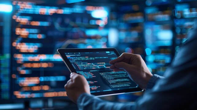 Close Up of Hands Coding on Tablet, Blurred Background, Blue and Orange Lights, Software Development, Technology, Coding, Web Development
