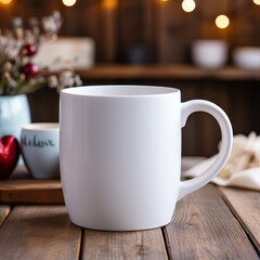 Fototapeta premium A simple white mug with a rounded handle sits on a wooden table. The mug is empty, ready for coffee or tea.
