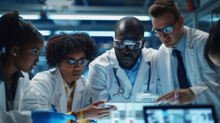 Wide Shot of Group of Young Multiethnic Lab Specialists Working as a Team to Analyse Blueprints and Digital Components Using Laptop Computer and Tablet. Professional Scientists, Generative AI 