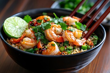 20. A bowl of instant noodles with shrimp, cilantro, and lime wedges, placed on a wooden table with bright daylight streaming in