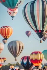 Colorful hot air balloons ascending in clear blue sky