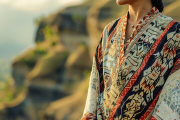 Fototapeta premium Traditional dress with intricate patterns, mountains in backgrou