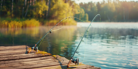 Innovative Sports Design: Fishing Rods Positioned on a Dock Overlooking a Calm Lake