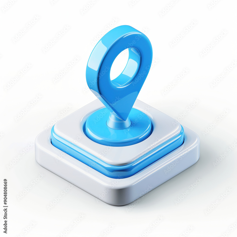 Poster 3d blue location pin icon on white platform for navigation and maps