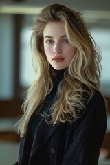 Fototapeta premium A blonde woman indoors wearing a black coat stands confidently against a light background, showcasing her natural beauty, serene demeanor, and modern style.