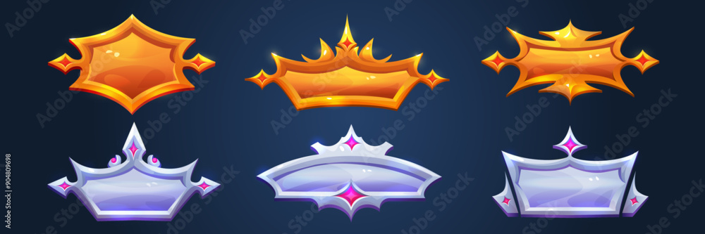 Poster golden and silver medieval game ui frame and button with design ornament and gem stones for menu tit