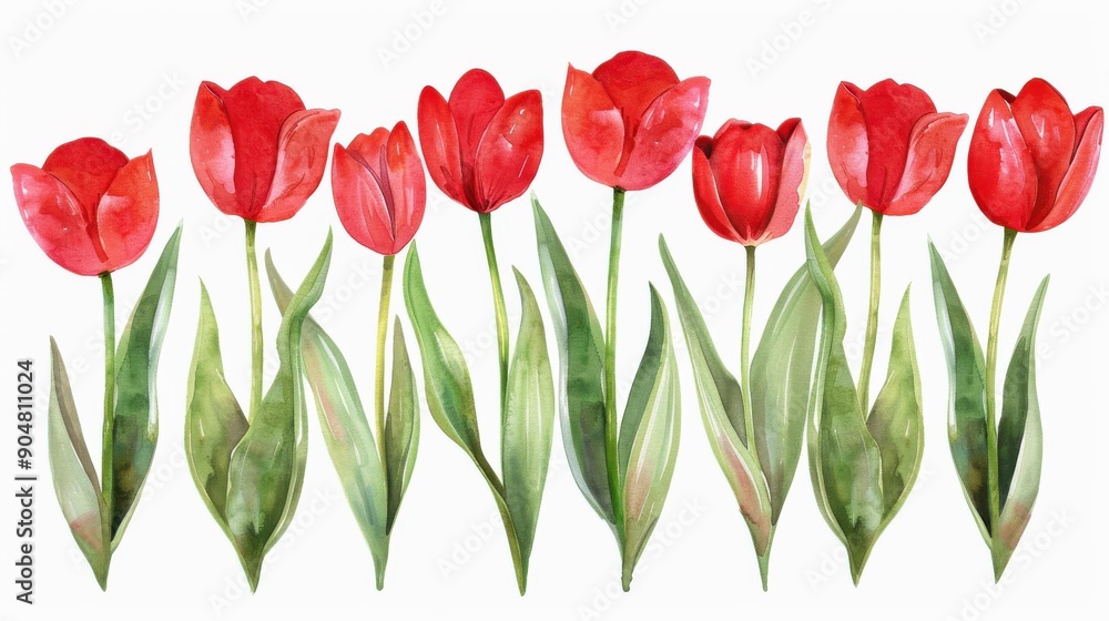 Sticker Vibrant red tulips in watercolor create a fresh and lively arrangement, perfect for brightening any space or decor.