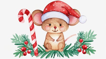Delightful watercolor scene featuring a mouse in a festive hat, holding a peppermint cane for a charming Christmas vibe