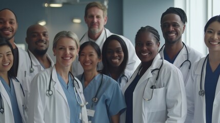 Group of healthcare professionals, smiling and showing unity, posing with a transparent background